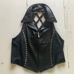 LEBAZ Black Leather Studded Lattice Bikers Vest XL